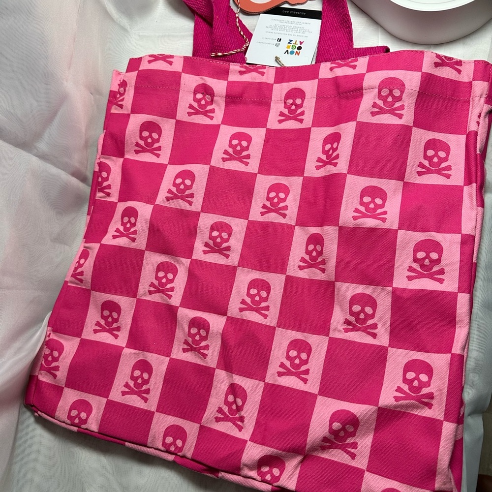 Pink Skull Checkered Tote Bag